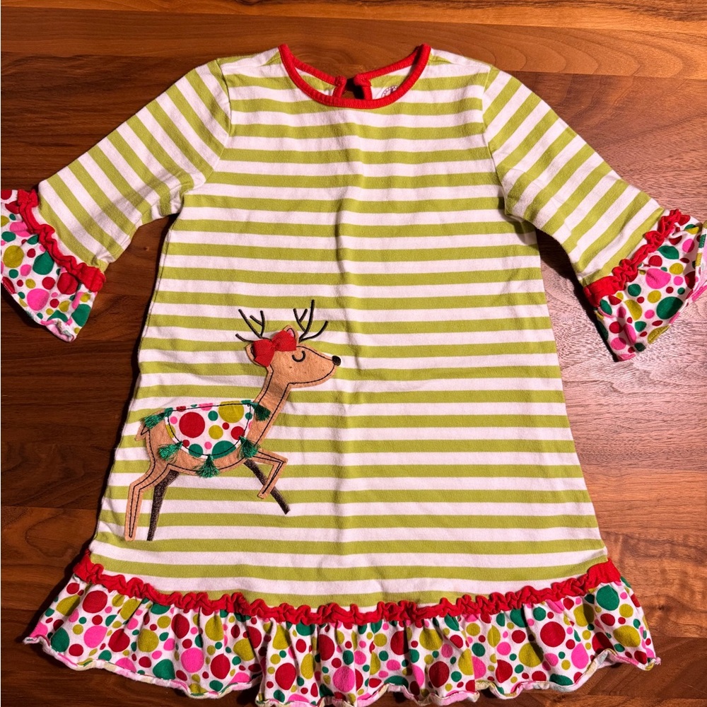 Striped Reindeer Dress with Ruffle Sleeves